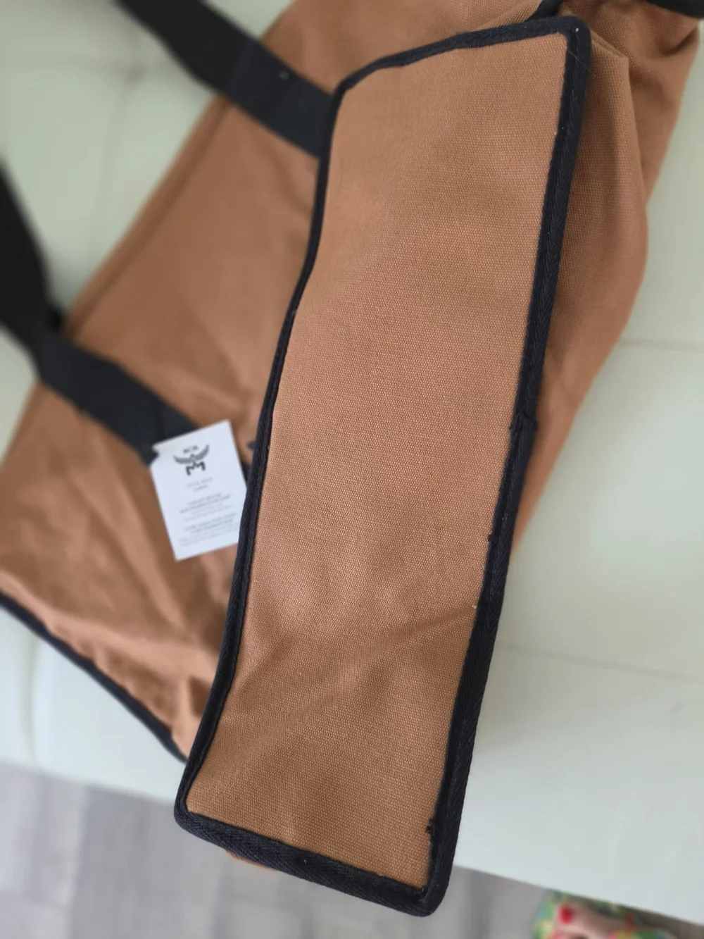MCM Brown Canvas Tote Bag with Black Straps